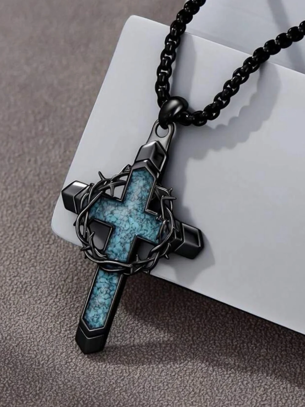 Thorn Wrapped Cross Faux Turquoise Necklace with PRINT of inlay turquoise stone